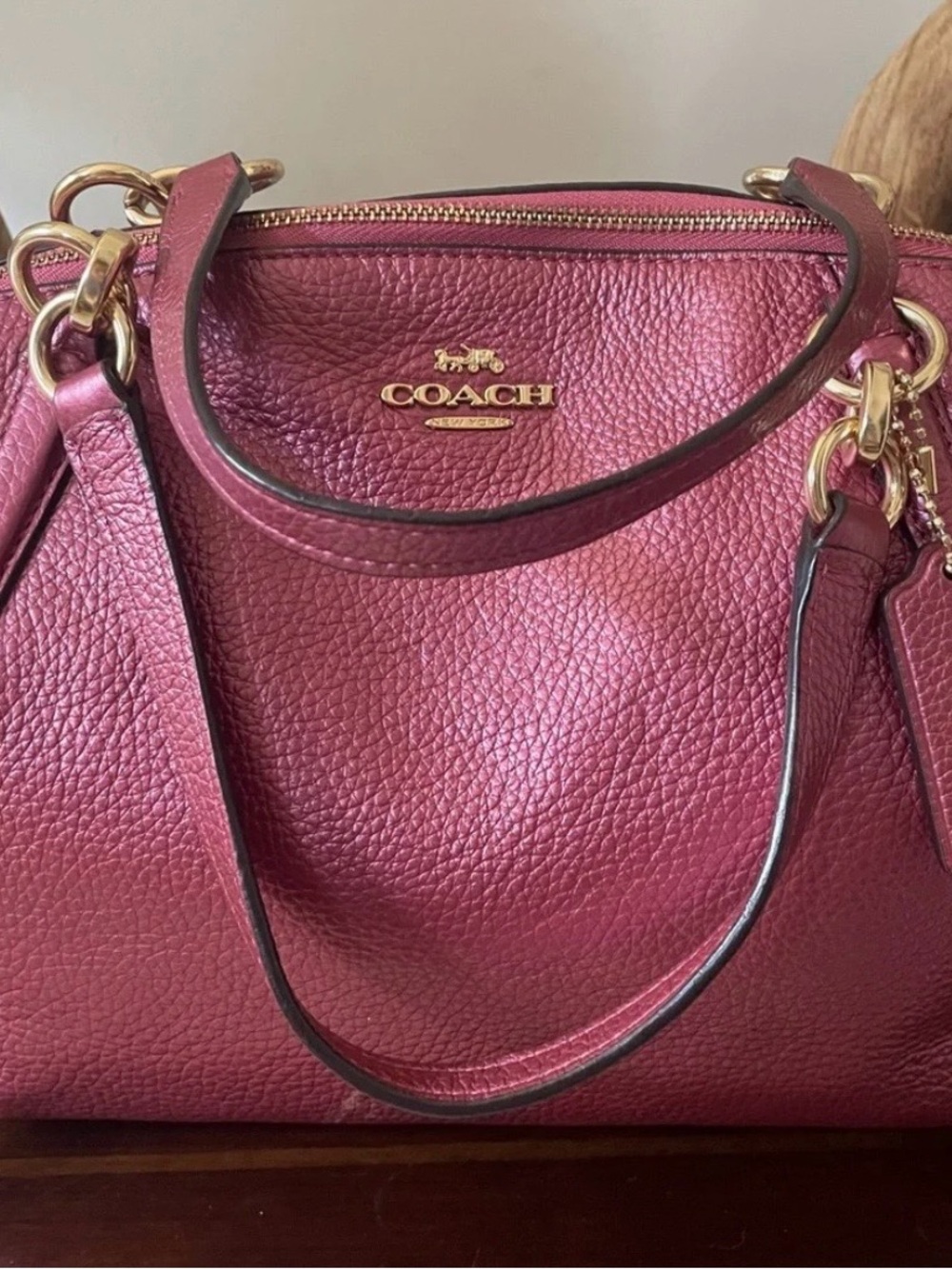 Coach Kelsey Metallic Pebbled Leather Shoulder Crossbody Rose Burgundy Gold Bag - Picture 3 of 15